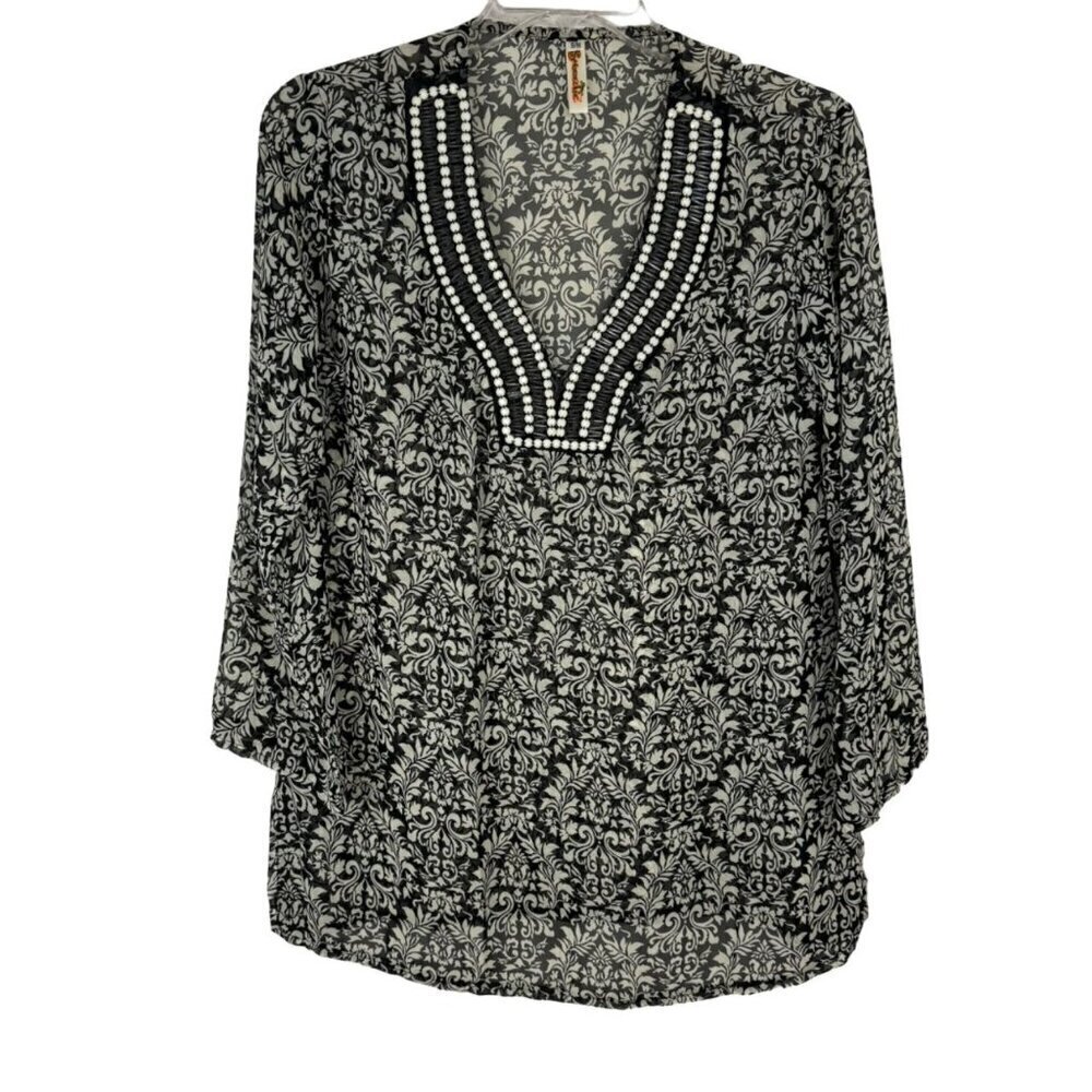 Shoreline Black White Beaded V Neck Sheer Beach Pool Coverup Women's S/M GUC